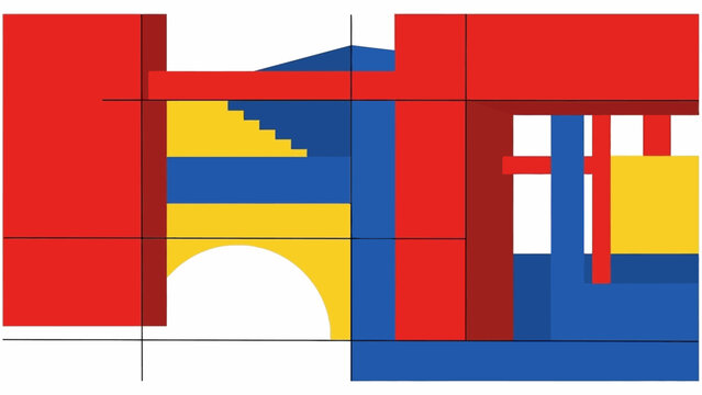 abstract geometric composition with architectural blocks and lines in primary colors evoking de stijl for modern graphic design and art.