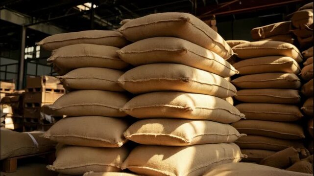 Burlap sack grain warehouse storage stack on pallet, logistics and agriculture supply inventory, warm sunlight sunbeam across piled jute bag in industrial depot, bulk commodity distribution transport