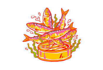 Seafood t shirt design. Original sea food illustration. Canned fish vintage artwork. Sardines fish artwork for print and apparel. Pop art colorful des