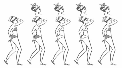 Five repeating figures of a woman in a swimsuit shown in a progressive pose silhouette
