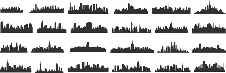 Fototapeta premium Vector illustration of multiple city skylines, black silhouette urban architecture, diverse landmark designs, global metropolitan skyline artwork, cultural cityscape graphic illustration