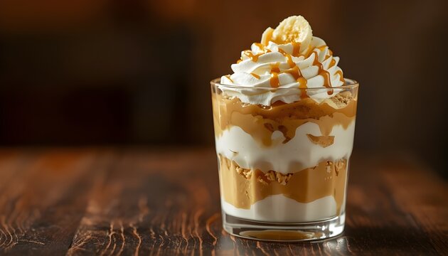 Layered Banana Cream Dessert in Glass with Caramel Drizzle