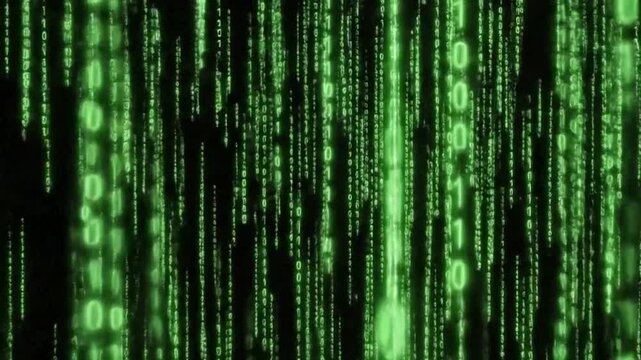 Glowing green binary code numbers raining down vertically against a black background, matrix style digital data stream and computer technology concept, cyber security and programming
