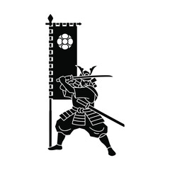 Black and White Samurai Warrior Silhouette with Banner and Katana Sword
