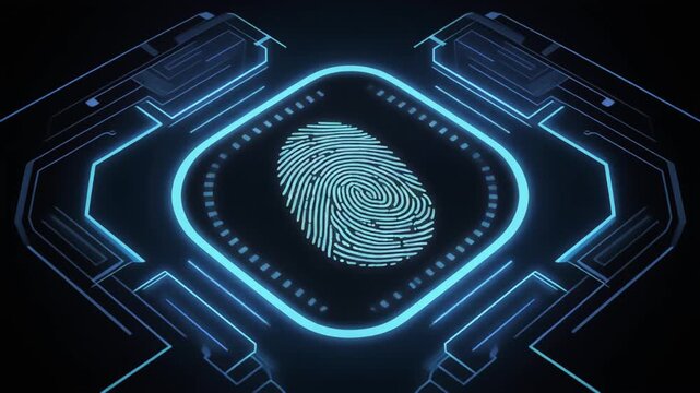 青く光るハイテクなパネル上で指紋認証が行われるサイバーセキュリティのコンセプト動画