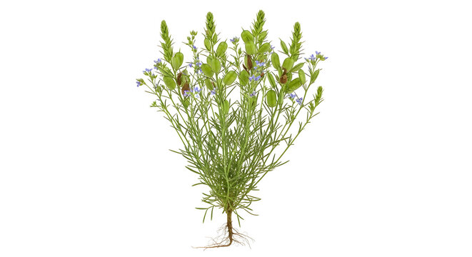 A complete plant with green leaves, blue flowers, and seed pods, including its root system, isolated on a white background.