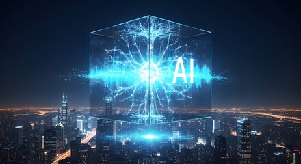 Fototapeta premium A futuristic glowing AI cube hovers over a sprawling night city.
