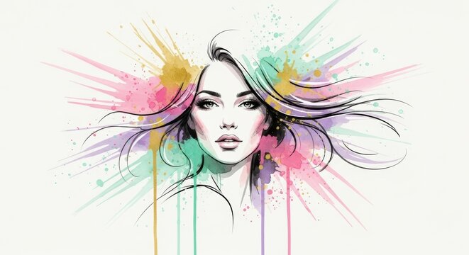 Woman face with flowing hair and colorful watercolor splatters. Beauty and fashion concept with artistic element for creative design.