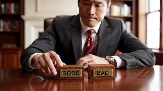 Asian Businessman in Dark Suit Contemplating Good Versus Bad Choice on Wooden Desk in Office