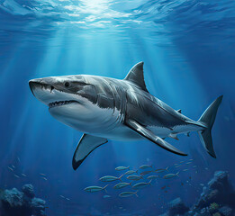 Naklejka premium Majestic shark swimming underwater with school of fish