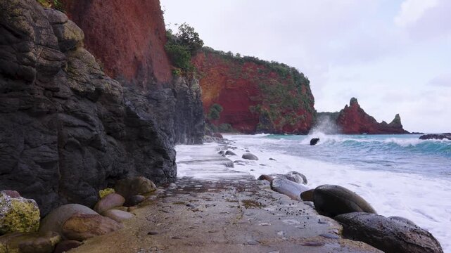 Rough Sea Crash on Ocean Road along Red Akiya Cliffs on Oki Islands, Shimane