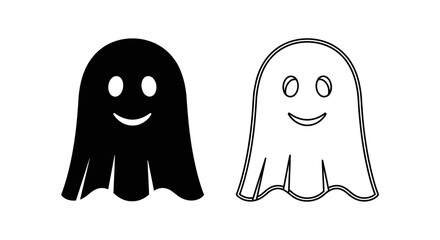 Obraz premium Two cute ghosts with smiling faces, one black and one white, standing side by side. Vector