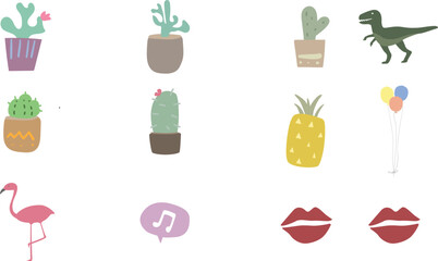 A collection of whimsical illustrations featuring plants, animals, and playful designs in a clean and simple style