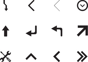 A collection of black directional arrows and symbols on a clean background viewed from directly above