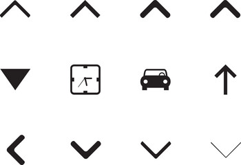 A collection of icons featuring geometric shapes and simple vehicle representations viewed from a straightforward perspective, displayed on a clean background with various directional symbols.