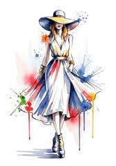 Obraz premium Woman in flowing dress with wide hat, a fashion illustration with colorful watercolor splash. Artistic spring or summer season concept.