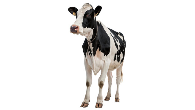 A black and white cow stands isolated on transparent background cut out