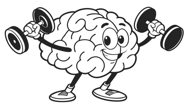 A cartoon brain enthusiastically lifting weights representing mental strength and fitness silhouette high quality professional detailed