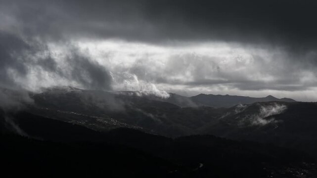 Fast moving clouds on a stormy day in Portugal mountains