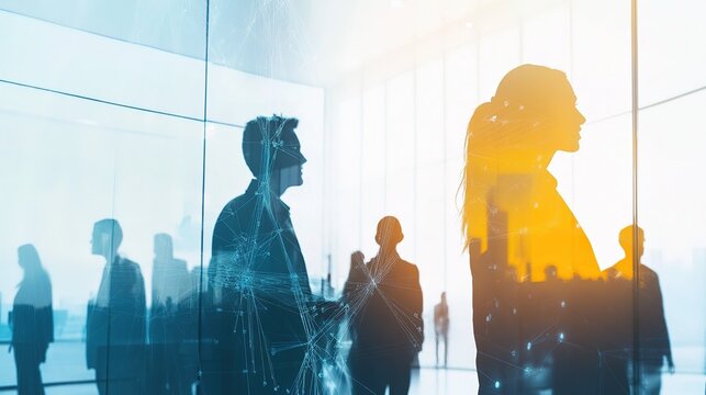 Double exposure businesspeople office glass walls network connections light blue white gradient soft edges blurred digital art modern work culture technology integration corporate concept