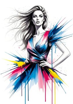 Woman in colorful abstract dress with paint splashes and flowing hair. Fashion illustration with watercolor effect for art project.