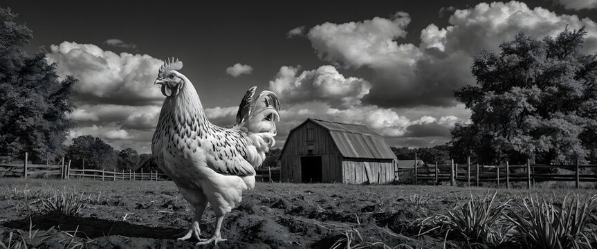 Gallina en primer plano frente a granja rural en estilo grabado monocrom&aacute;tico