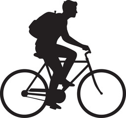 Obraz premium Person riding a classic bicycle with a backpack silhouette isolated on white background minimalist cycling to work and eco-friendly commute illustration