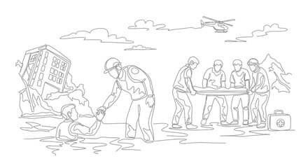 Obraz premium Disaster Rescue: Rescuers Save People from Flood After Earthquake, Helicopter Assistance