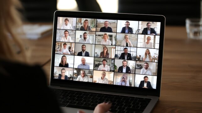 Laptop Screen Displaying a Virtual Meeting with Many Participants.