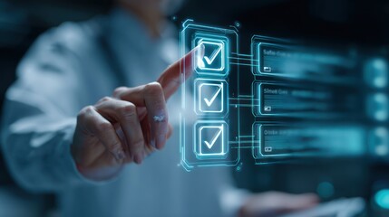 Futuristic checklist interface with a person selecting options.