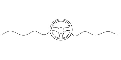 Continuous line drawing of a car steering wheel with a wavy horizontal line background. Vector, illustration
