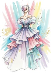 Fototapeta premium Fashion illustration of a woman in an elegant, ruffled pastel gown suitable for a clothing design concept