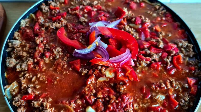 Dish of Chili con carne ground beef and tomato-based stew home cooked food