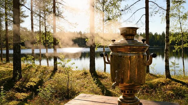 Steaming samovar on wooden table by serene lake in forest
