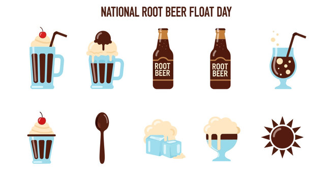 Illustration for National Root Beer Float Day with various drinks and icons