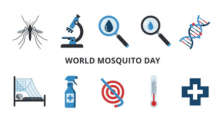 Vector icons for World Mosquito Day illustrating science protection and health