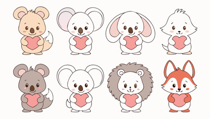 Obraz premium Charming collection of cartoon animals holding hearts featuring a delicate silhouette high quality professional detailed modern