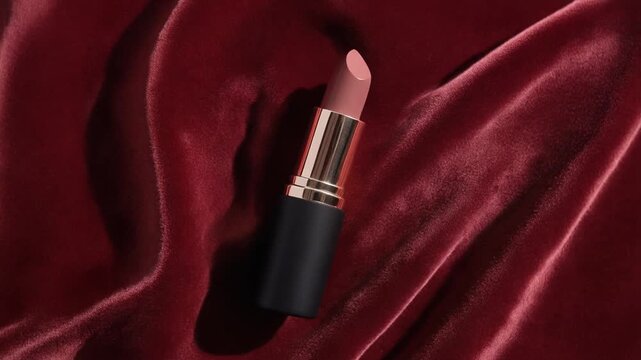 赤いベルベットの上でゆっくりと回転するエレガントな口紅の贅沢な4Kループ動画