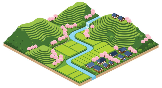 A serene isometric landscape showcases lush green terraced hills and a winding river flowing past traditional blue-roofed cottages, all beautifully accented by vibrant pink cherry blossom trees