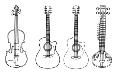 Naklejka premium Traditional string musical instruments line drawing vector set