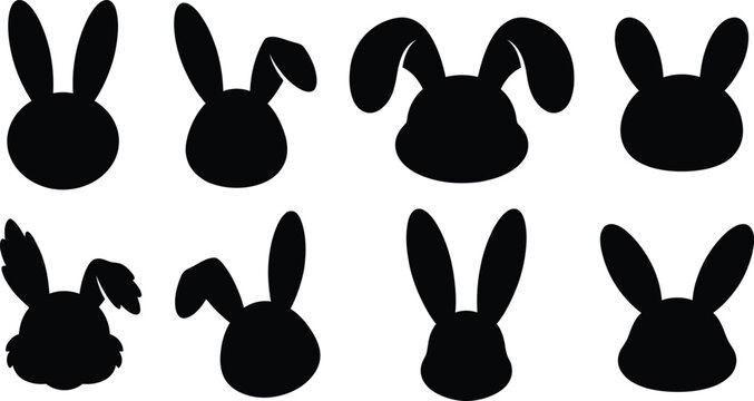 Set of Rabbit Head Silhouettes &ndash; Easter Bunny Faces Vector Bundle, Black Cutout Icons, Isolated on White