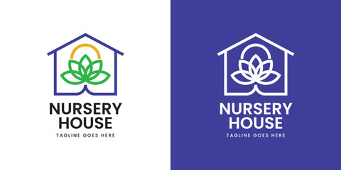 Nursery House Logo Design with Home and Leaf Plant Symbol