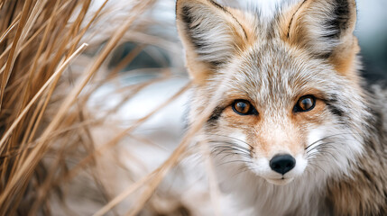 Obraz premium A red fox peers curiously from behind tall grass, captured in a candid wildlife moment with soft blurred foreground.