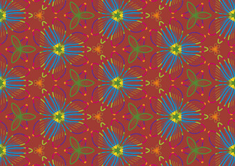Vibrant floral pattern with blue, yellow, green, and red hues on a seamless background texture.