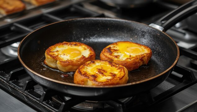 A skillet on the stove, cooking eggy bread or croque monsieur sandwiches