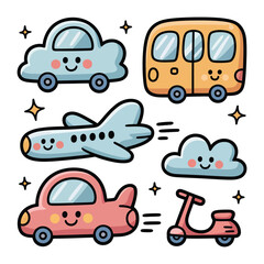 Cute Transport World: A charming illustration showcases an array of vehicles, each with its own endearing personality, creating a delightful scene of transport