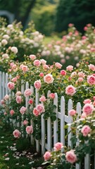 Obraz premium Pink Roses Climbing White Fence Garden, Spring Romantic Healing Scene