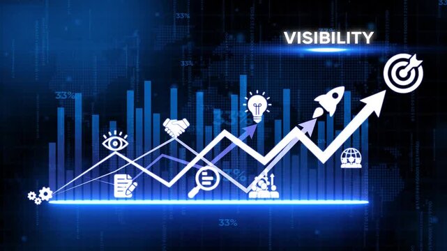 Business Growth Concept with Visibility and Statistics on Blue Background with Graphs and Charts
