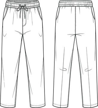 Mens Sweatpants Technical Sketch, Flat Vector Illustration of Casual Joggers with Elastic Waistband and Drawstring, Apparel Design Template Front Back View