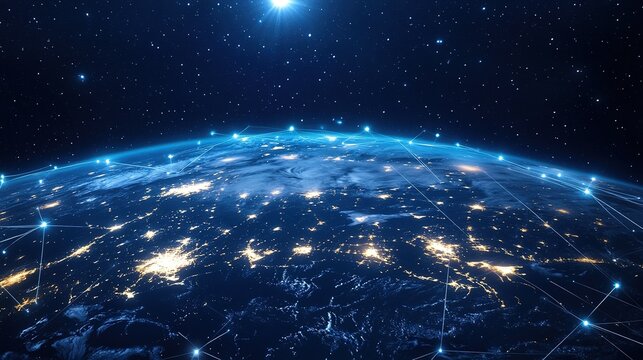 Dark blue background earth globe at center glowing lines global network connectivity IT platform digital transformation innovation technology concept
